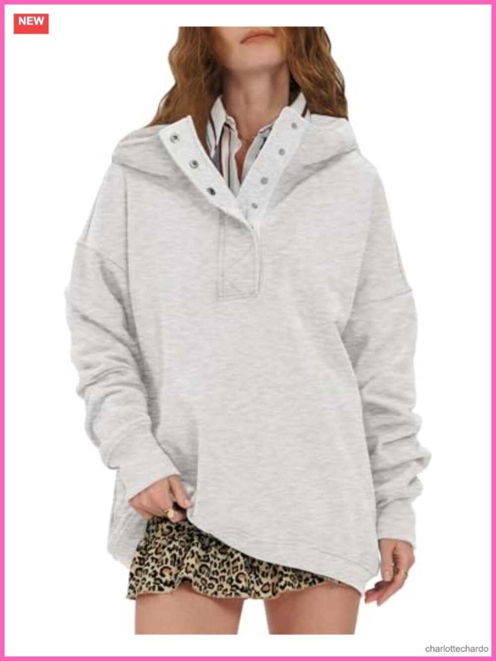 Oversized Hoodie Henley Neck Pullover Soft Fleece Long Sleeve Drop Shoulder